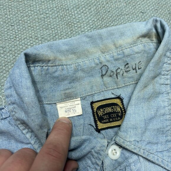 Vintage 1960s chambray work shirt Washington Dee Cee worn stained distressed XL - Picture 12 of 16